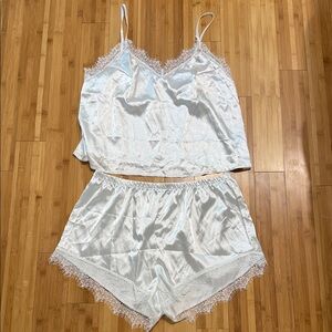 Elegant White Lace Trim Satin Sleepwear Set